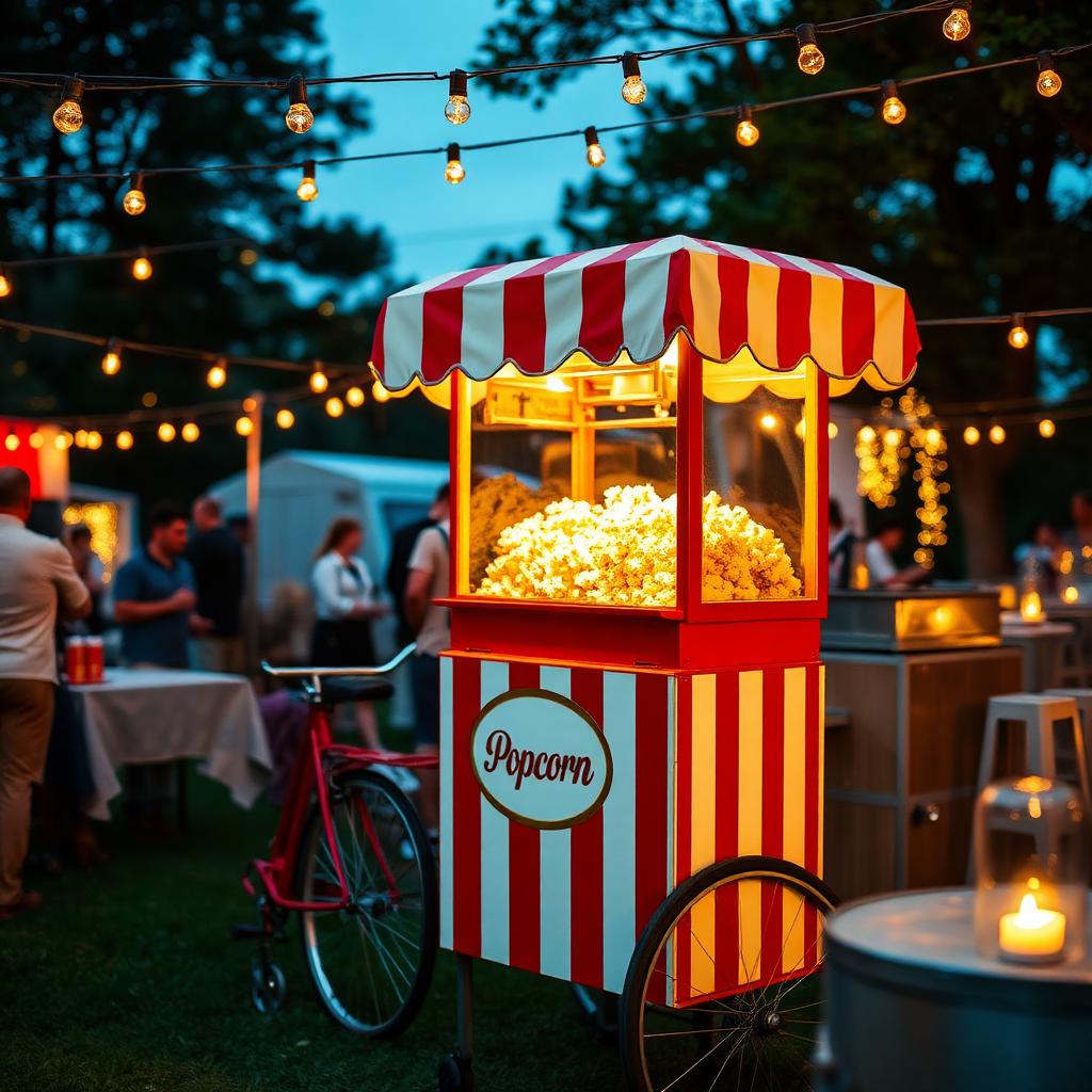Vintage popcorn cart at outdoor evening event